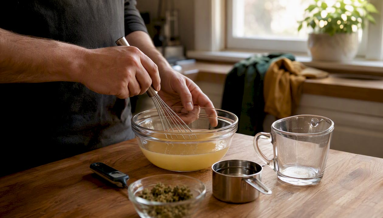 Hands stirring homemade cannabis edible infusion in kitchen