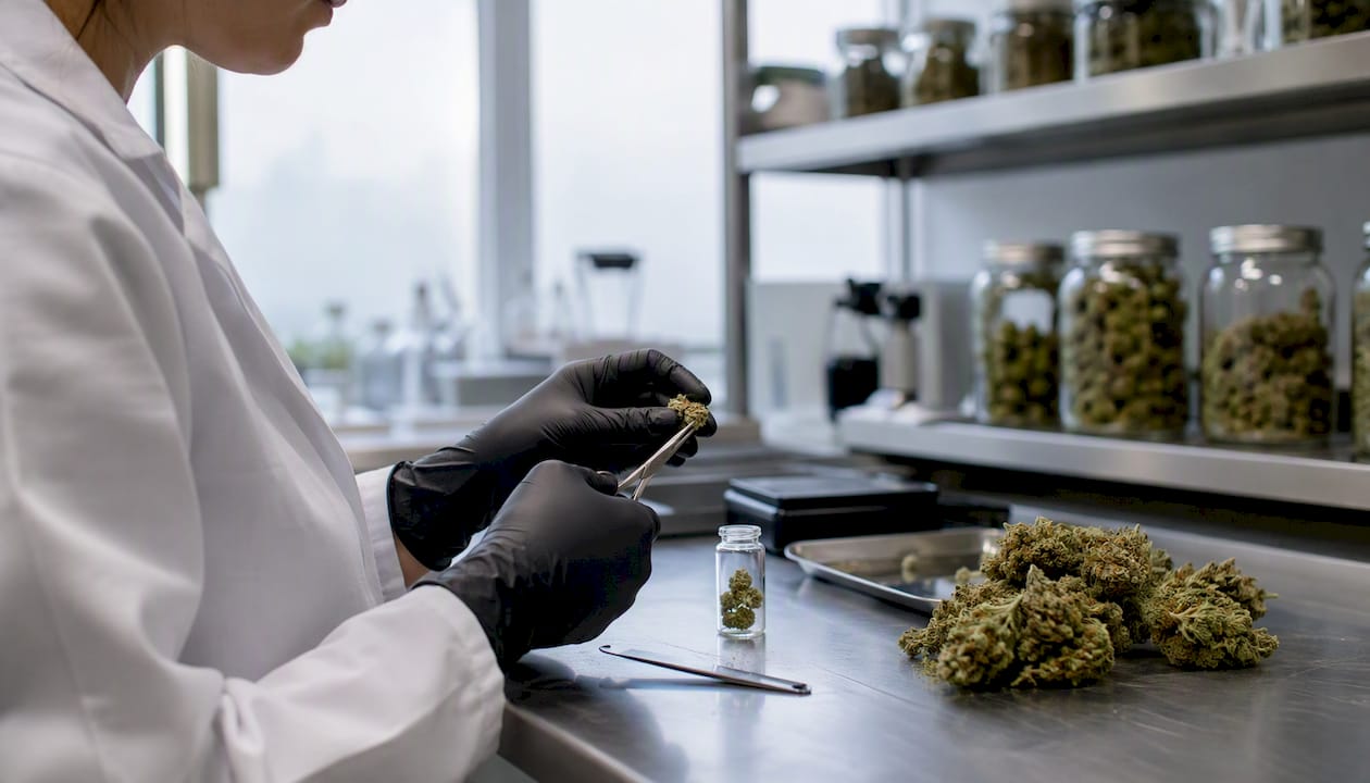 Lab technician preparing cannabis flower sample