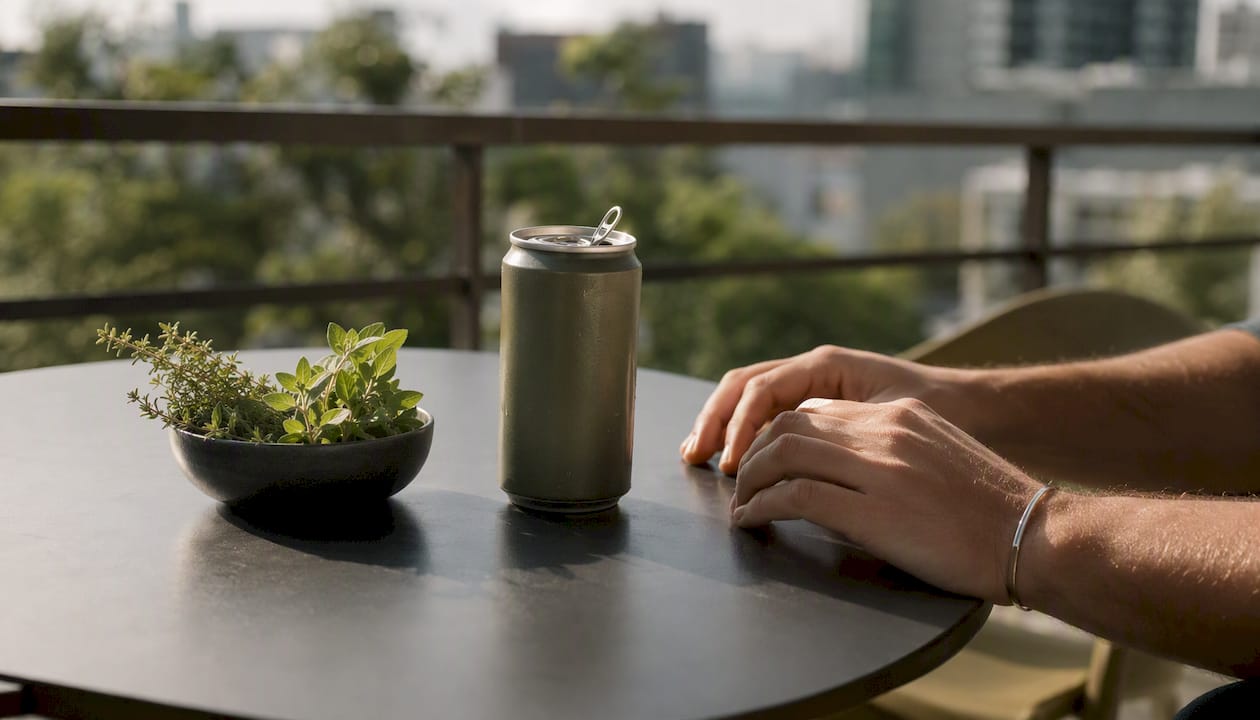 THC beverage can and herbs on outdoor table