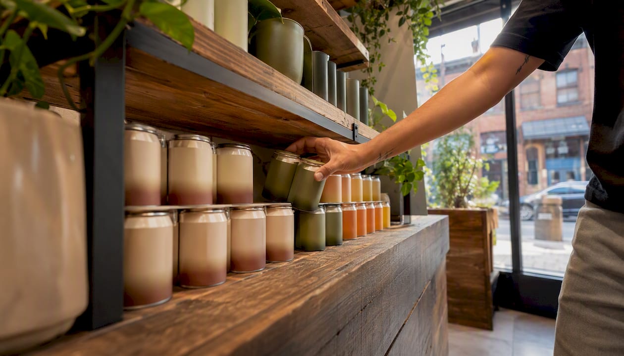 Dispensary shelf with THC beverages and hand stocking