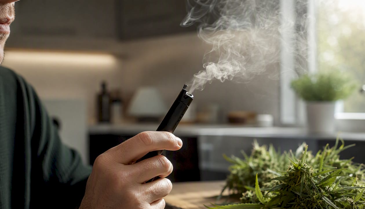 Close-up vape mouthpiece with terpene vapor