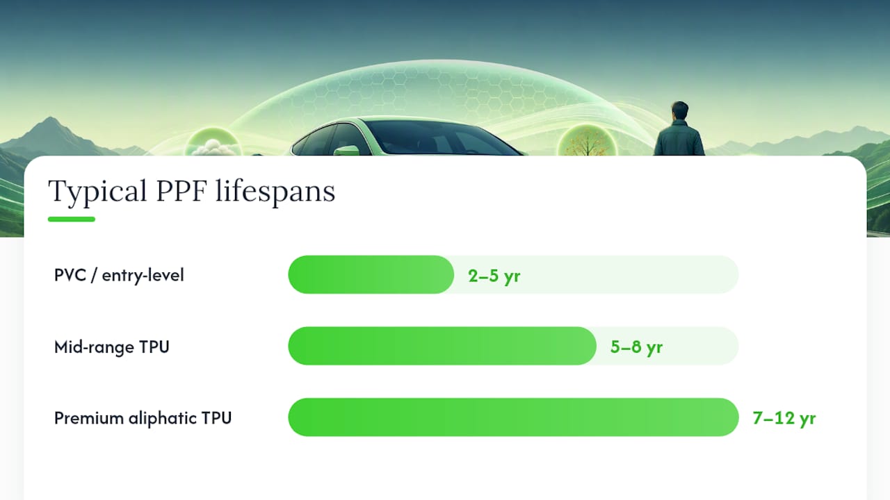 Comparison chart of PPF film types and lifespans