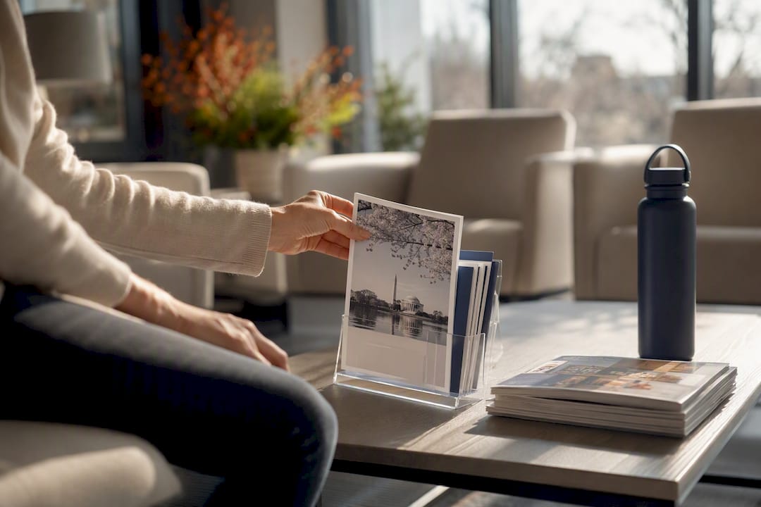 Patient holding dental financing brochures