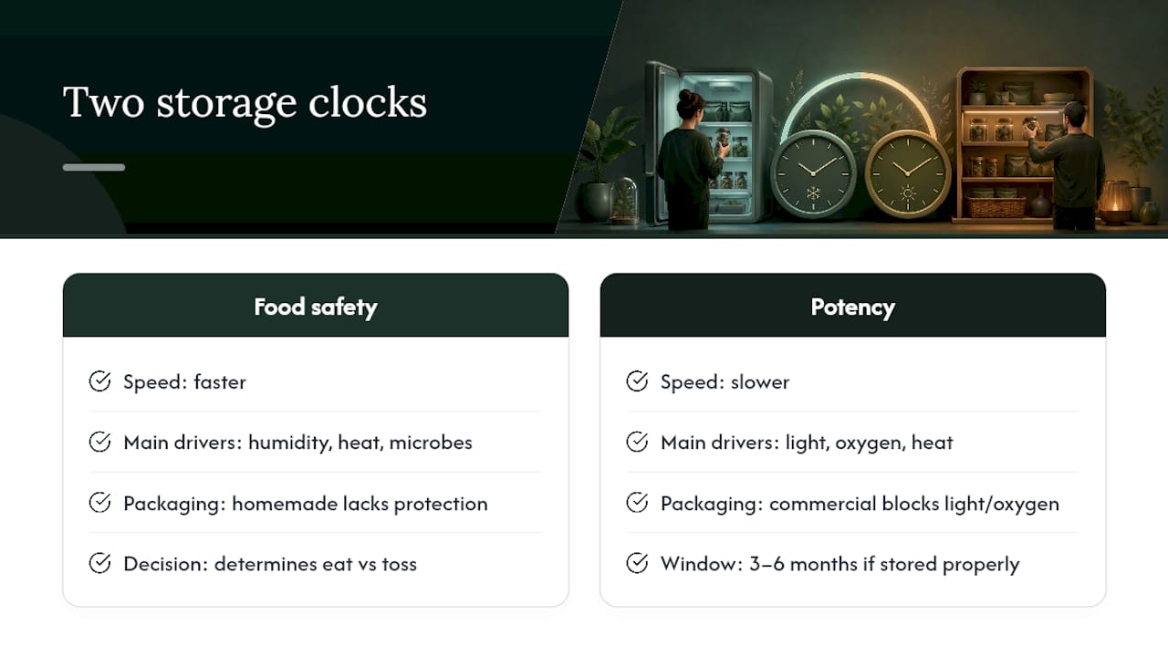 Diagram showing factors affecting edible freshness and potency