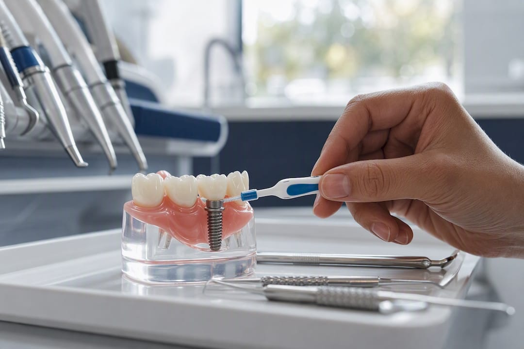 Hand cleaning dental implant with interdental brush
