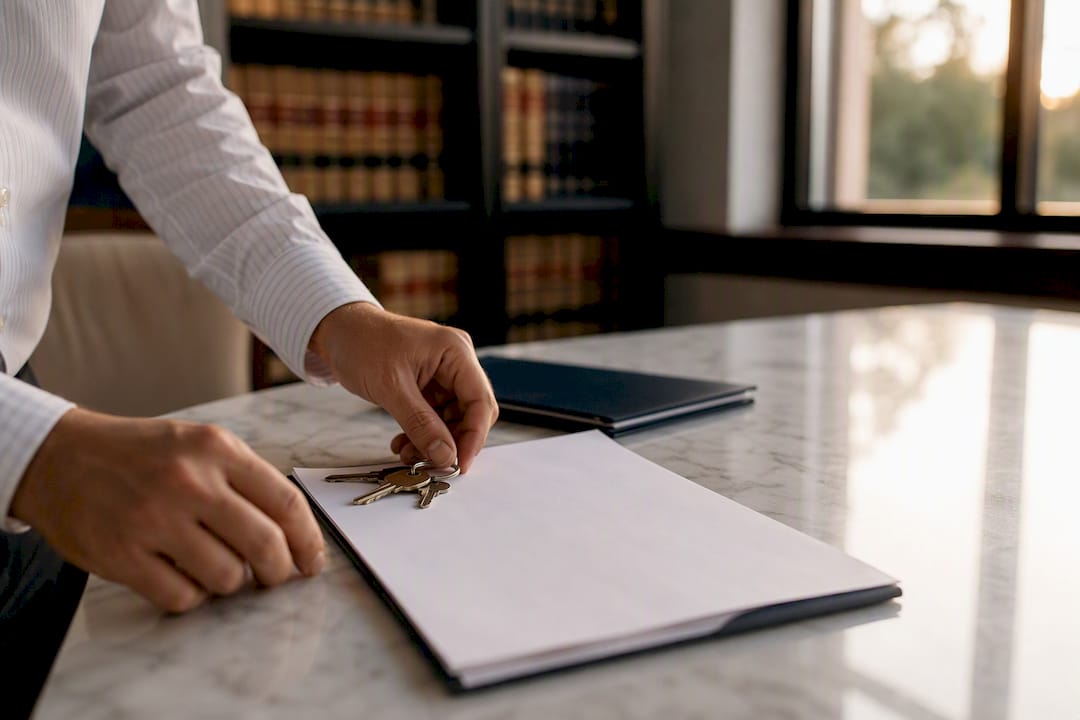 Manos organizando documentos de fianza y llaves