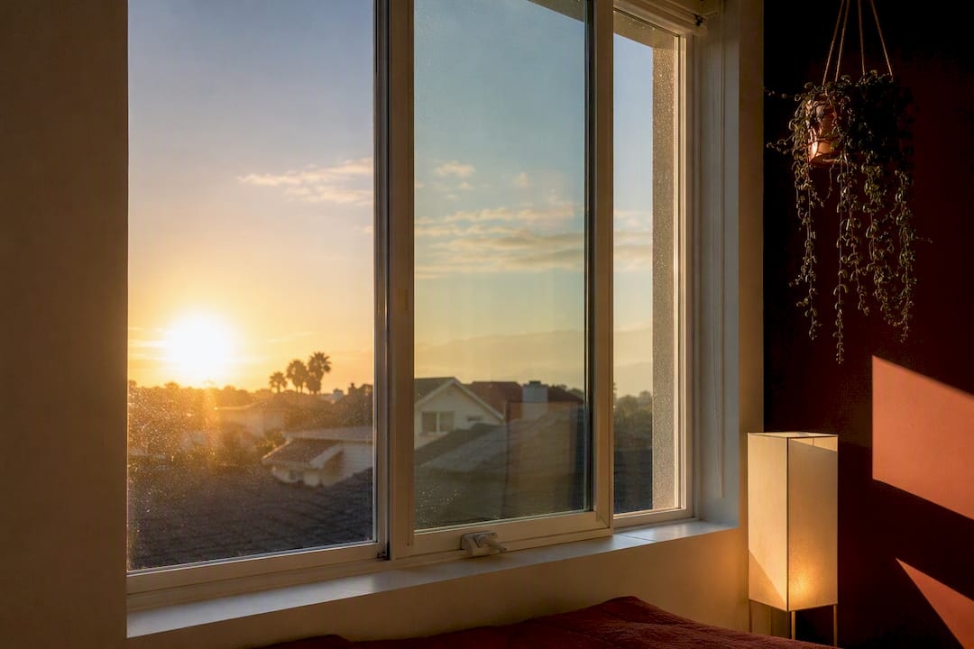 Window pane with anti-glare film reducing sunlight glare