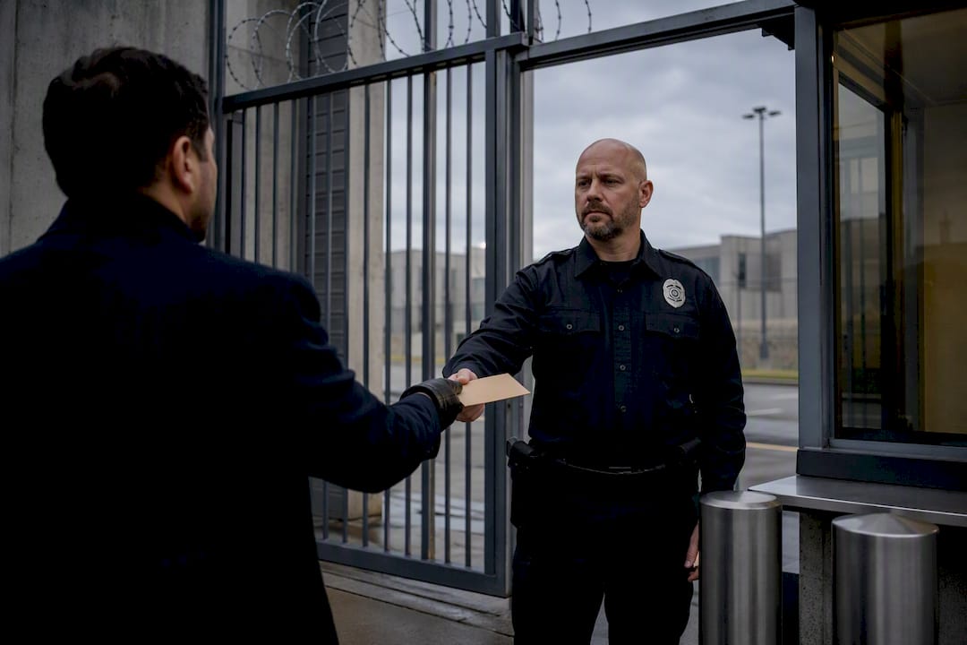 Handing paperwork to jail staff