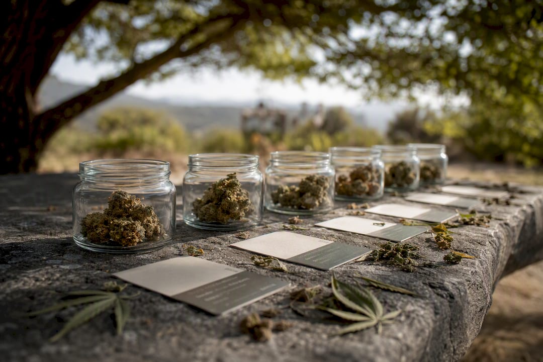 Close-up of cannabis flower samples and terpene oils
