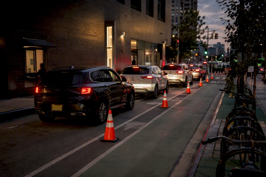 Cars waiting in NYC dispensary pickup lane line