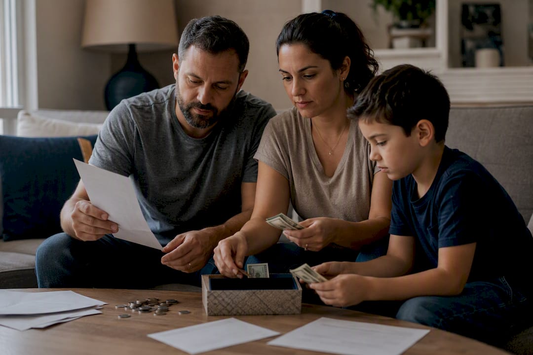 Hands counting cash at home table