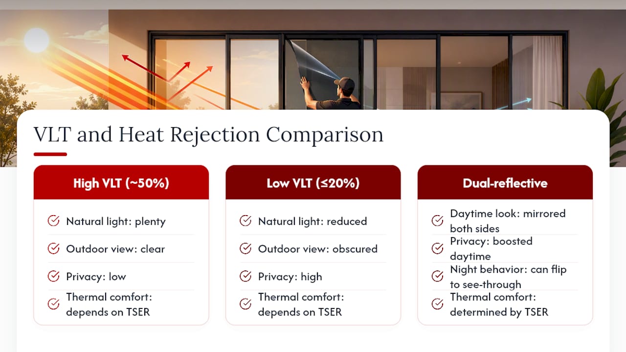 Diagram comparing VLT and heat rejection values of window films