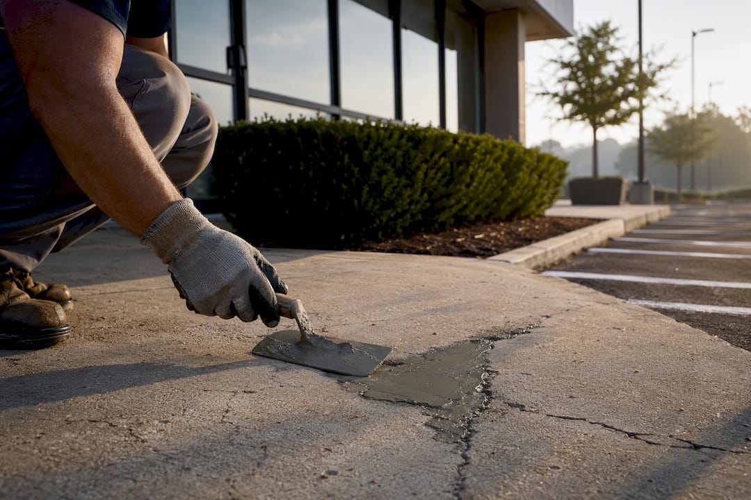 Hand repairing cracked sidewalk near store entrance