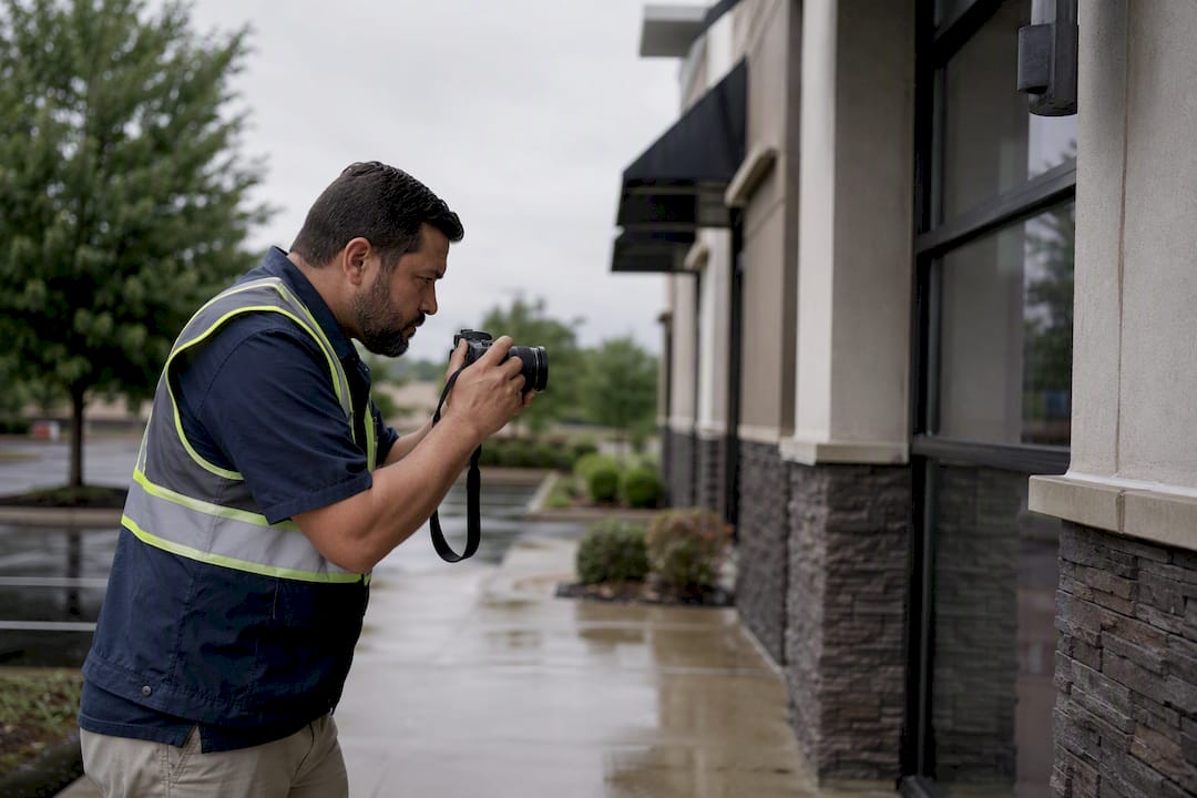 Technician photographing store exterior inspection
