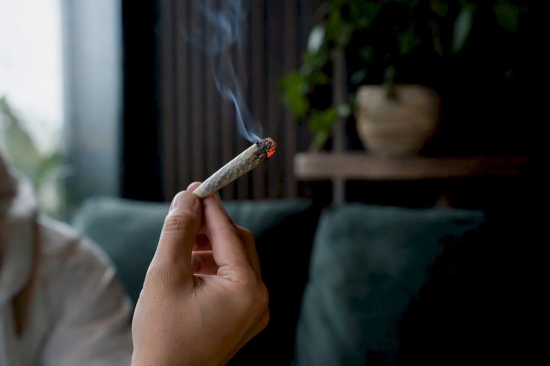 Hand holding lit cannabis flower pre-roll