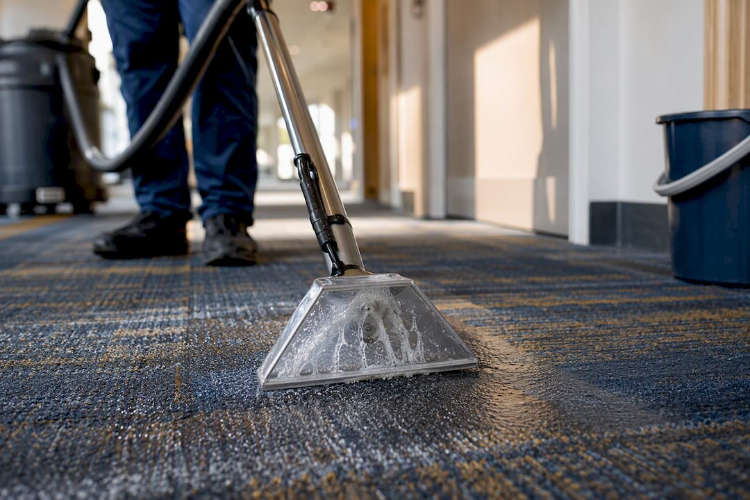 Hot water extraction wand cleaning carpet fibers
