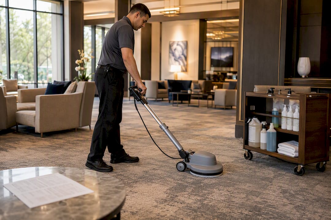Technician cleaning carpet with machine in lobby