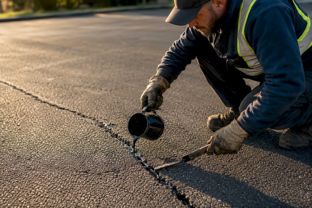 Technician pouring sealant into asphalt crack