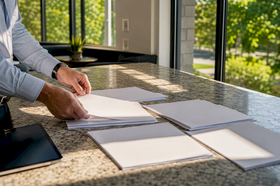 Hands sorting vendor contracts on table