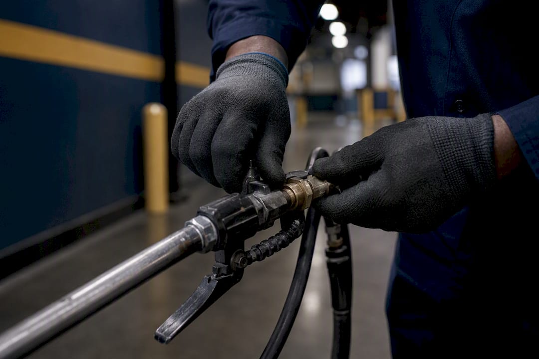 Hands inspecting maintenance equipment close-up