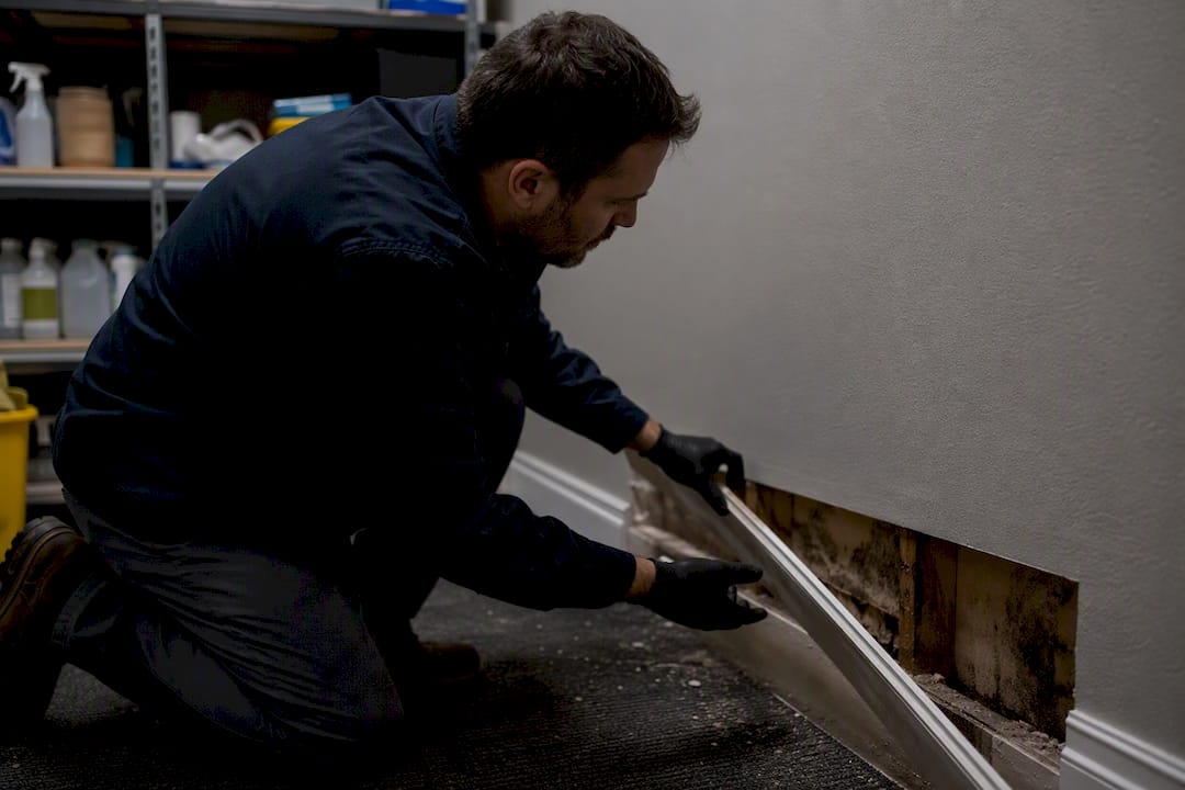 Hands pulling baseboard revealing hidden mold