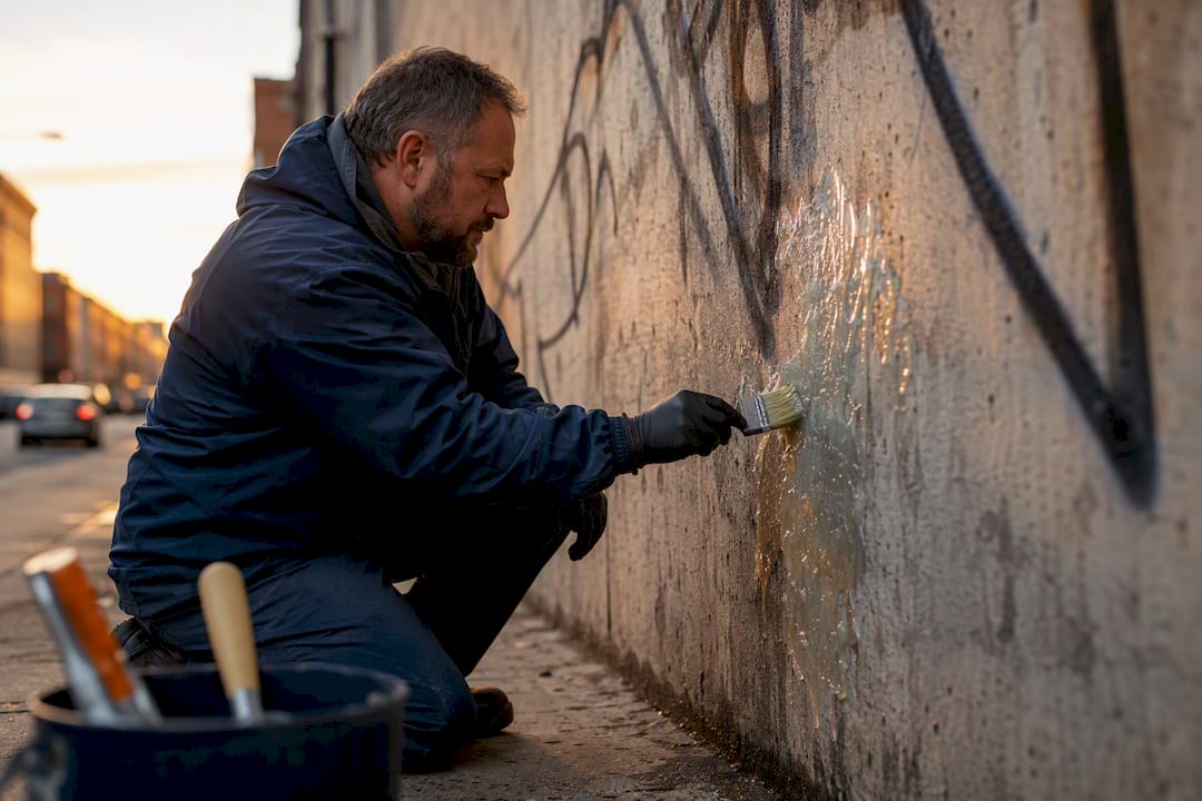Technician applying chemical gel to graffiti brick wall