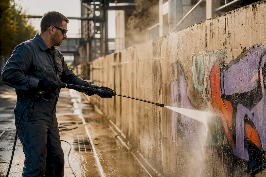 Pressure washer cleaning graffiti from concrete wall