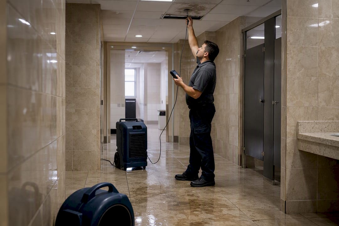 Technician using moisture meter on damp wall
