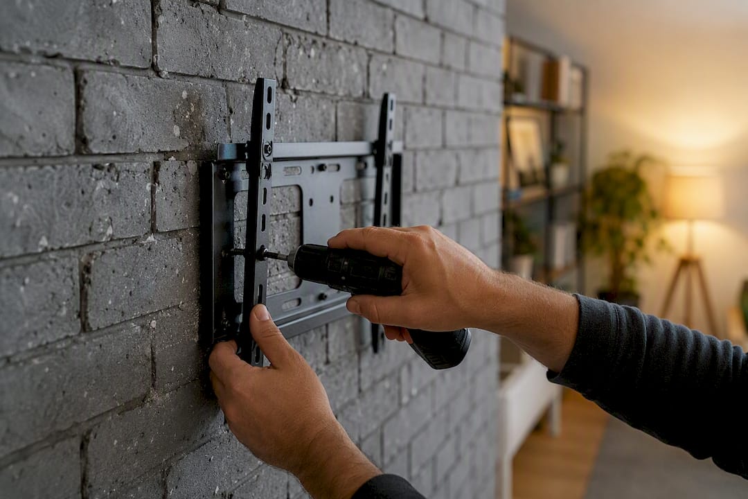 Hands unscrewing TV mount from brick