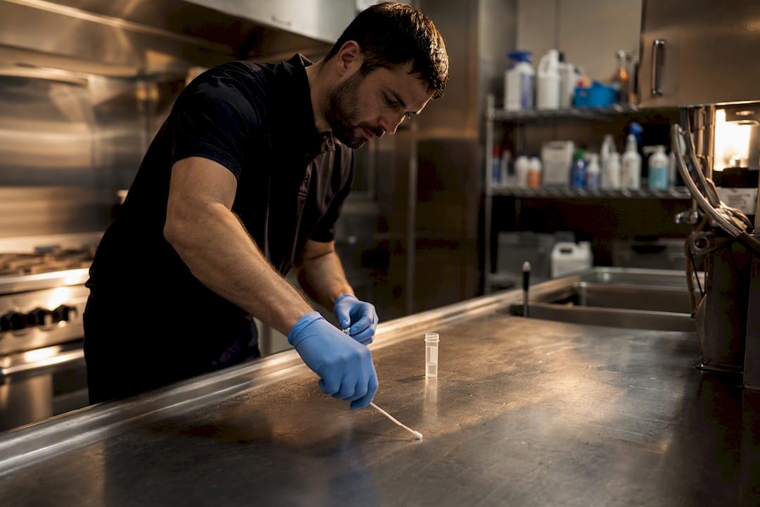 Technician swabbing stainless steel prep table