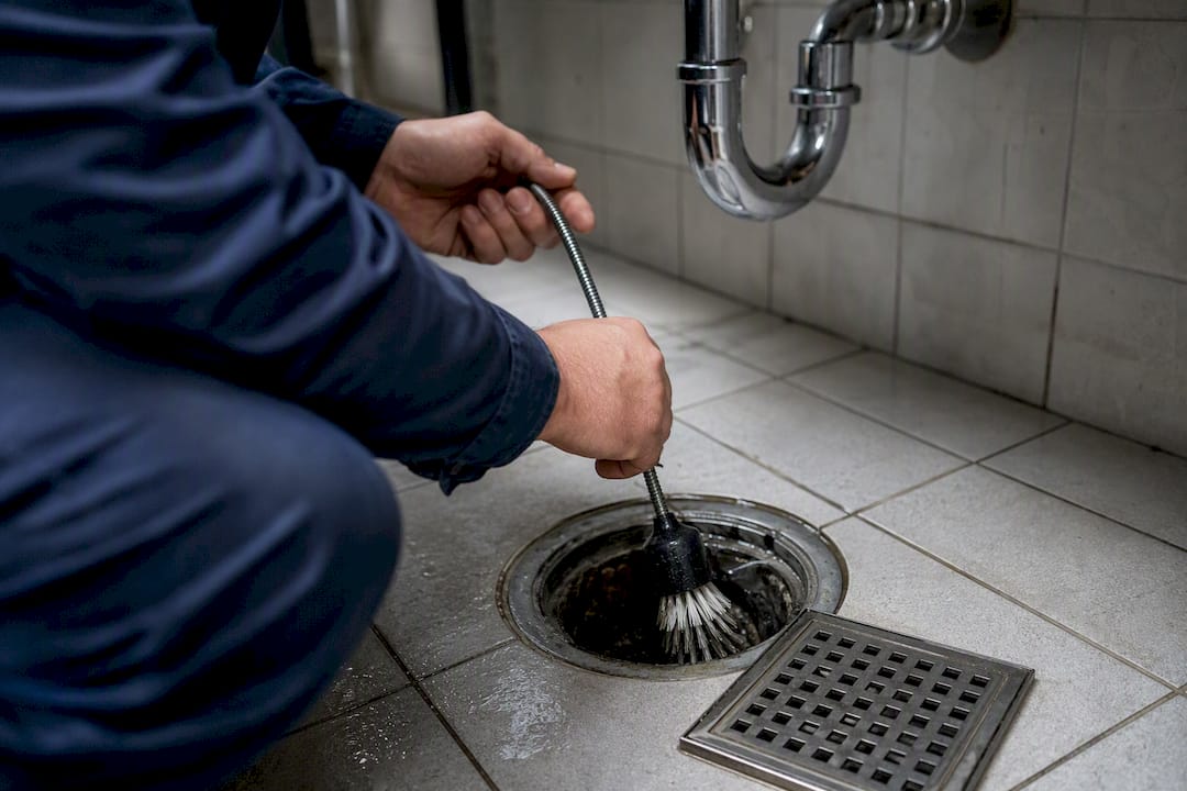 Technician scrubbing commercial drain