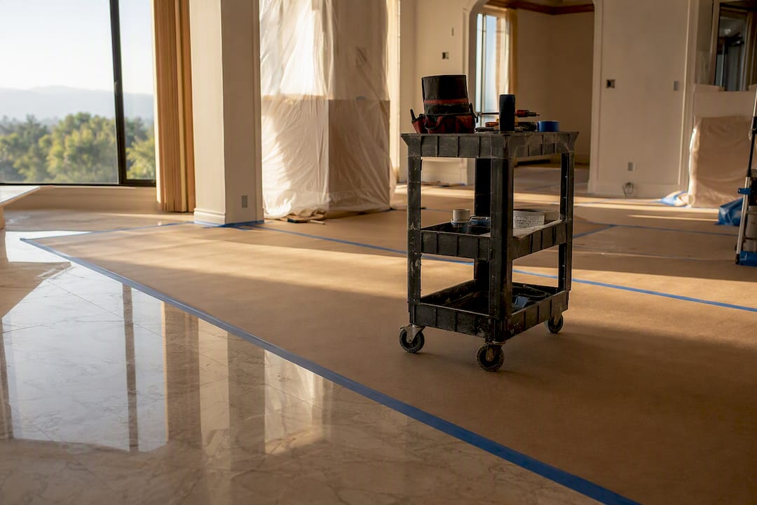 Ram board protecting hardwood floor during renovation