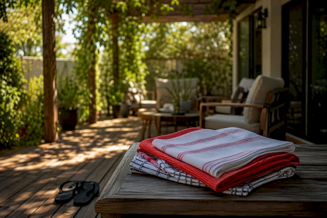 Stack of towels by home entry door