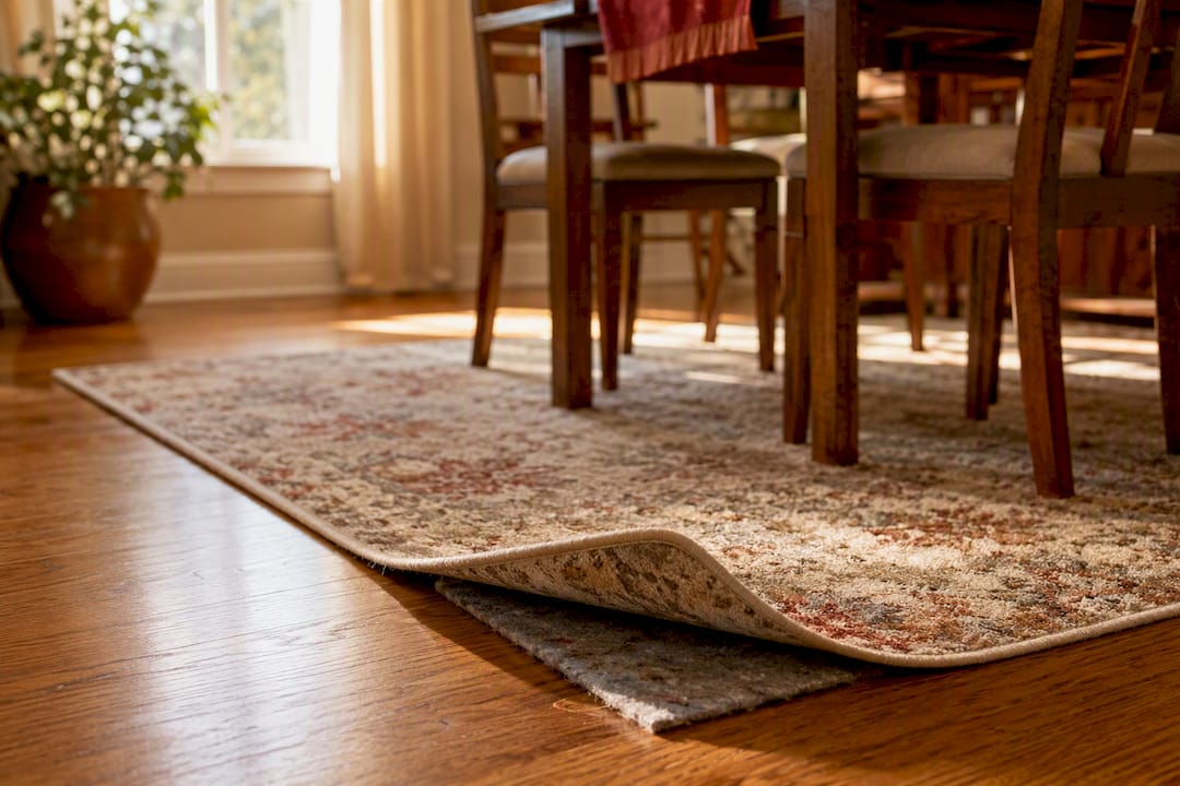 Wool rug lifted showing felt rug pad underneath