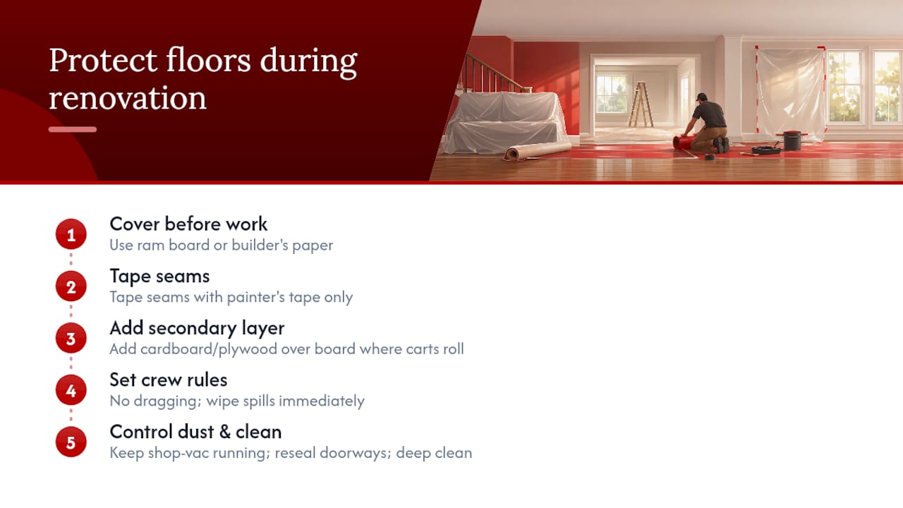 Diagram illustrating hardwood floor protection steps during renovation