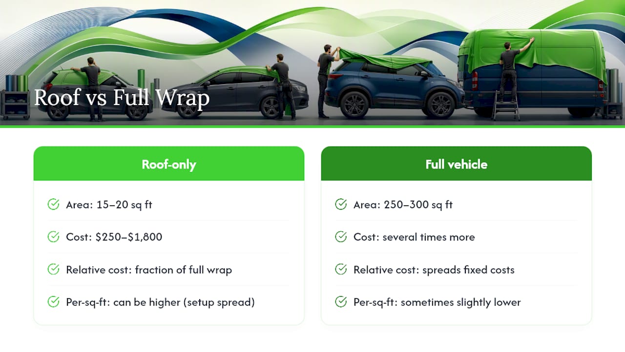 Diagram comparing roof wrap and full vehicle wrap costs and sizes