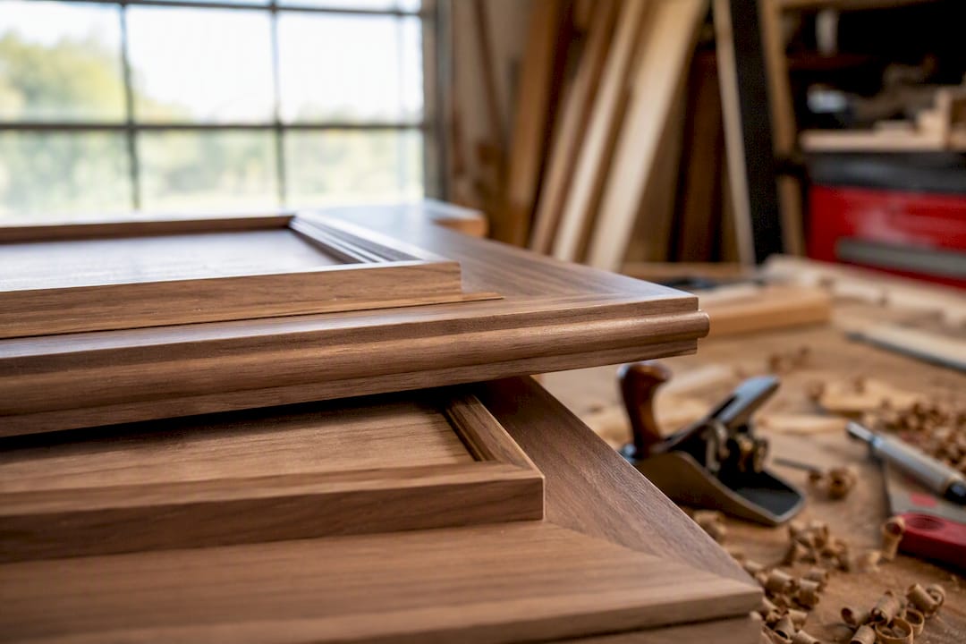 Close-up of wood kitchen cabinet door panel