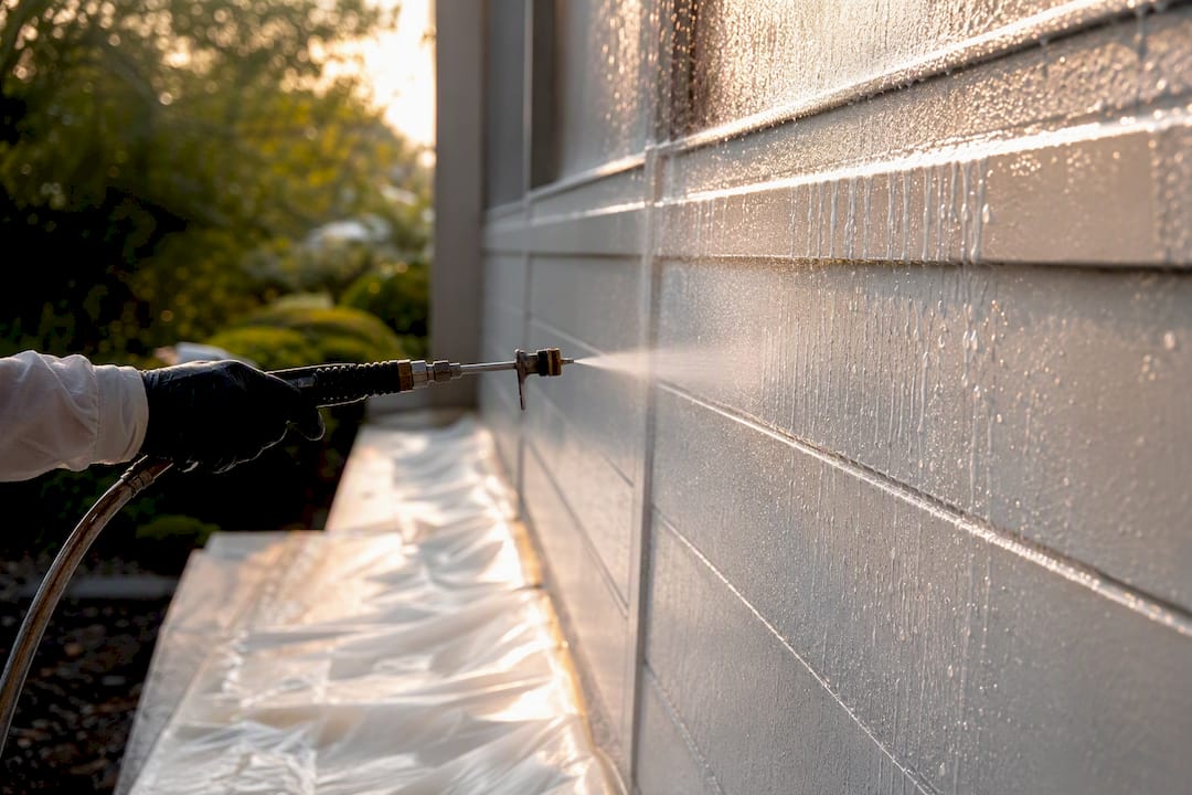 Gloved hand spraying soft wash foam on siding