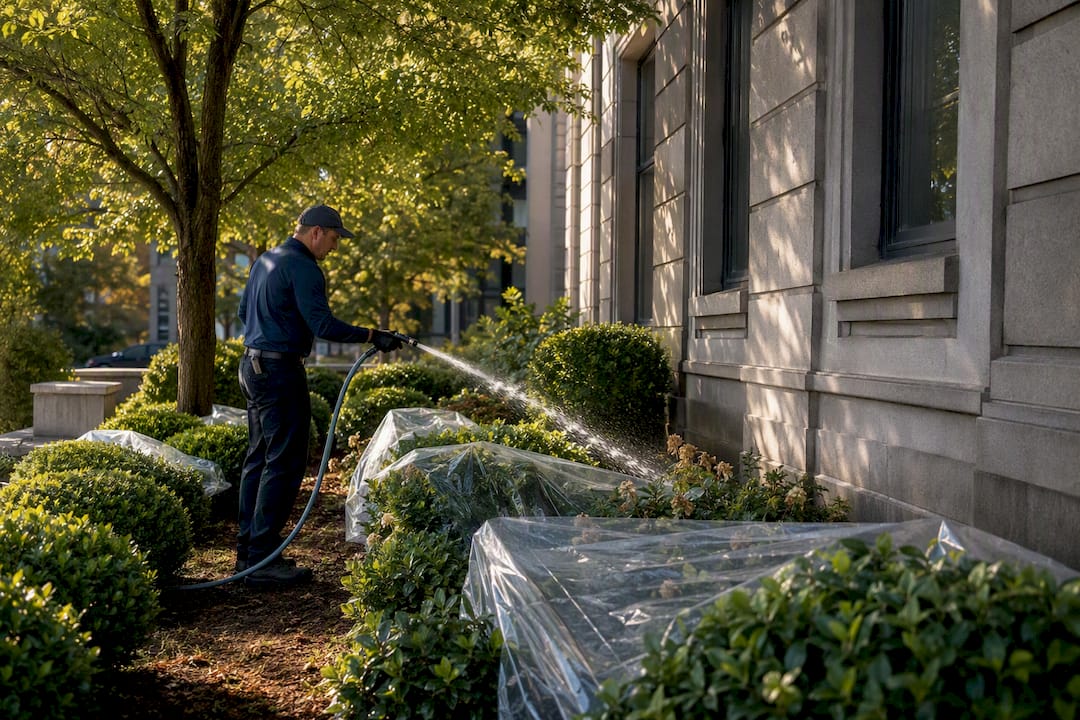 Technician prewatering plants before soft wash