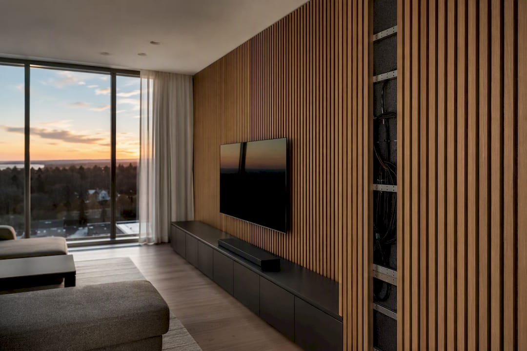 Close-up of acoustic wood slat panel with felt backing