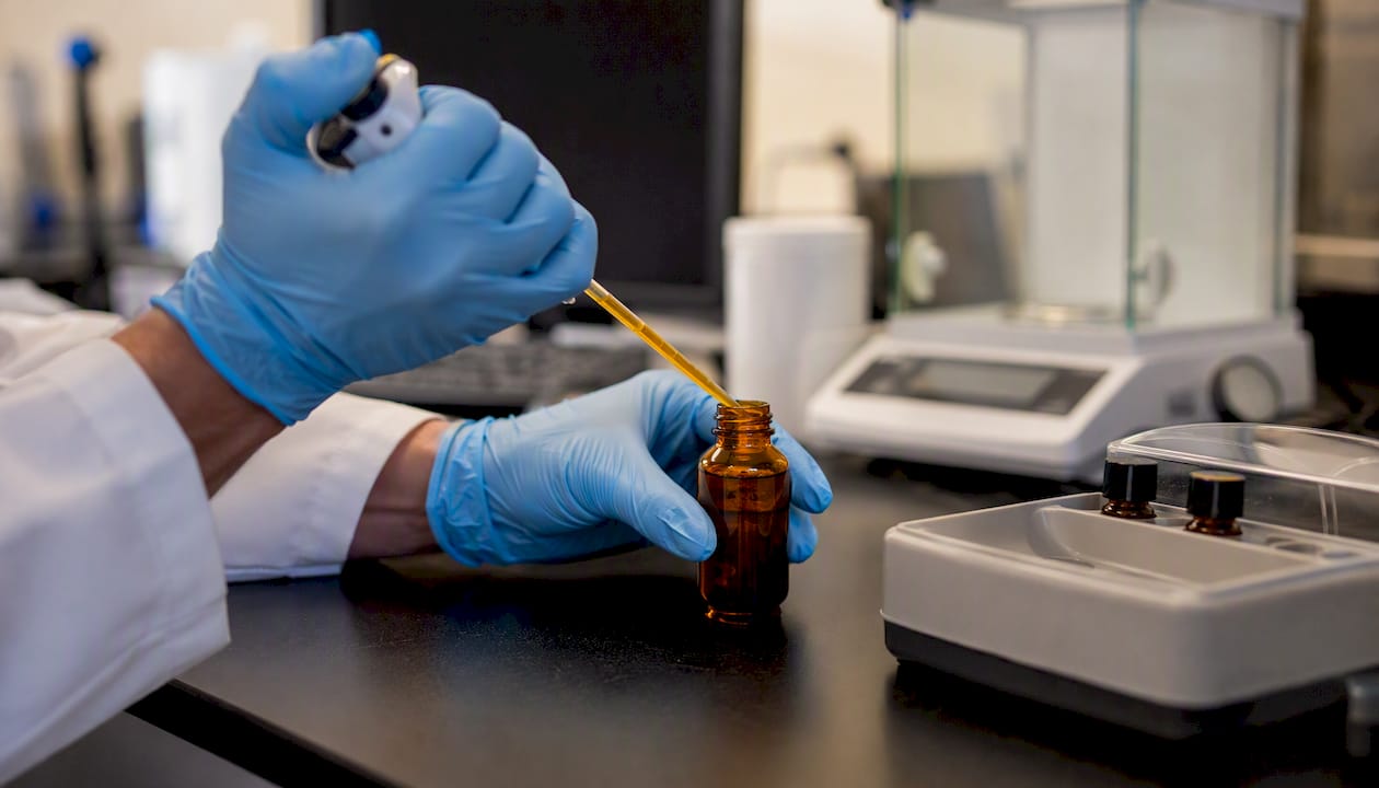 Lab hands pipetting cannabis extract for hormone study