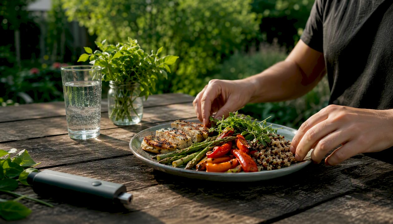 Hands plating healthy meal near vaporizer on kitchen counter