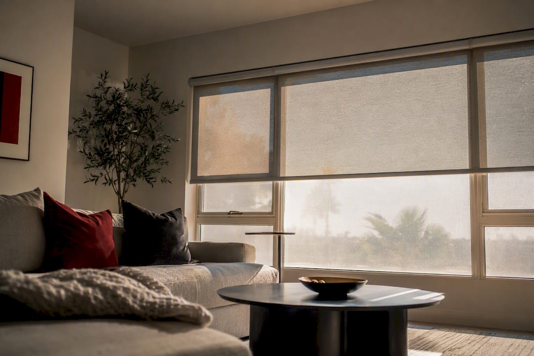 South-facing bedroom with blinds and window film