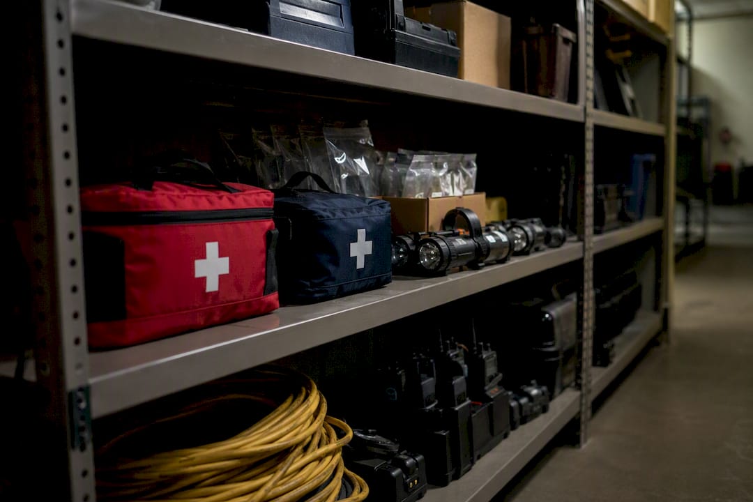 Emergency supply closet with organized equipment