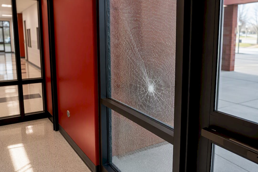 Security film holding cracked school entrance glass