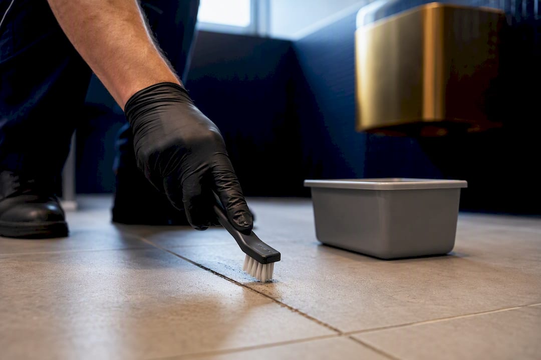 Technician scrubbing stained tile grout