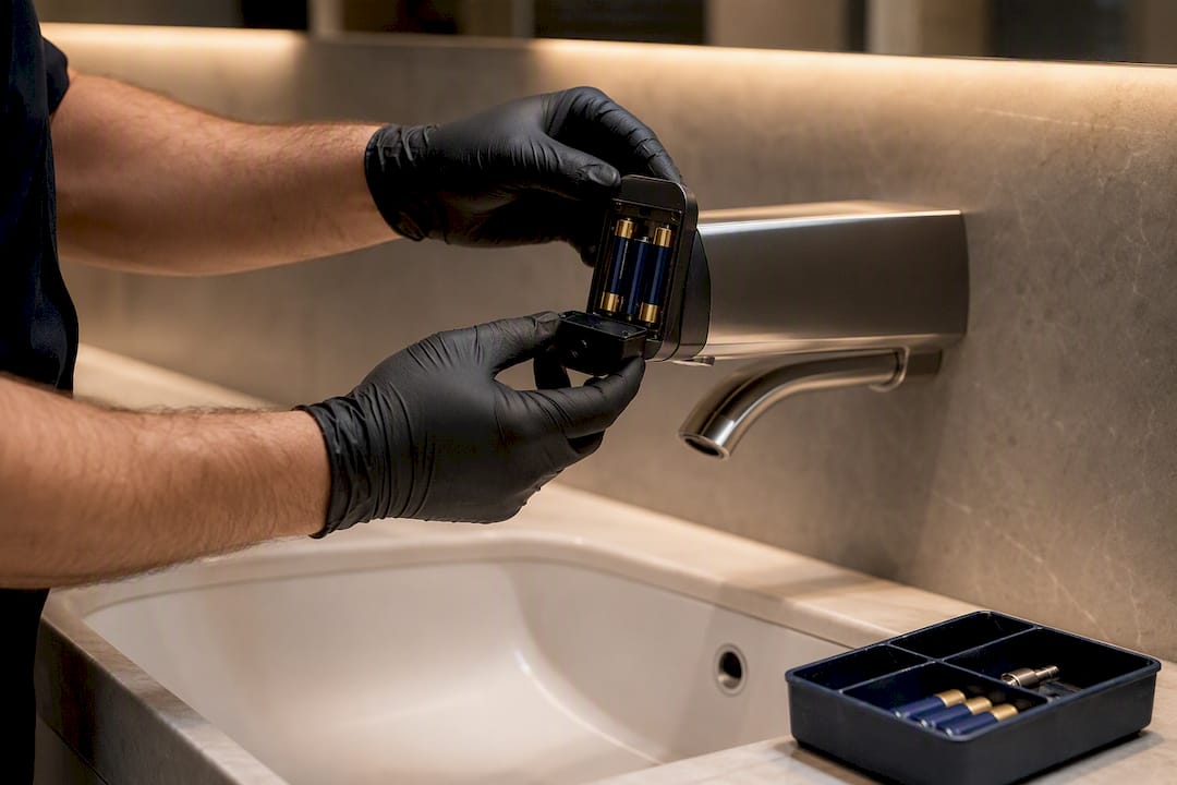 Technician replacing touchless restroom sensor battery