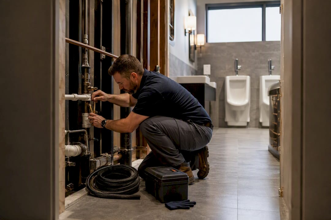 Plumber inspecting commercial restroom renovation