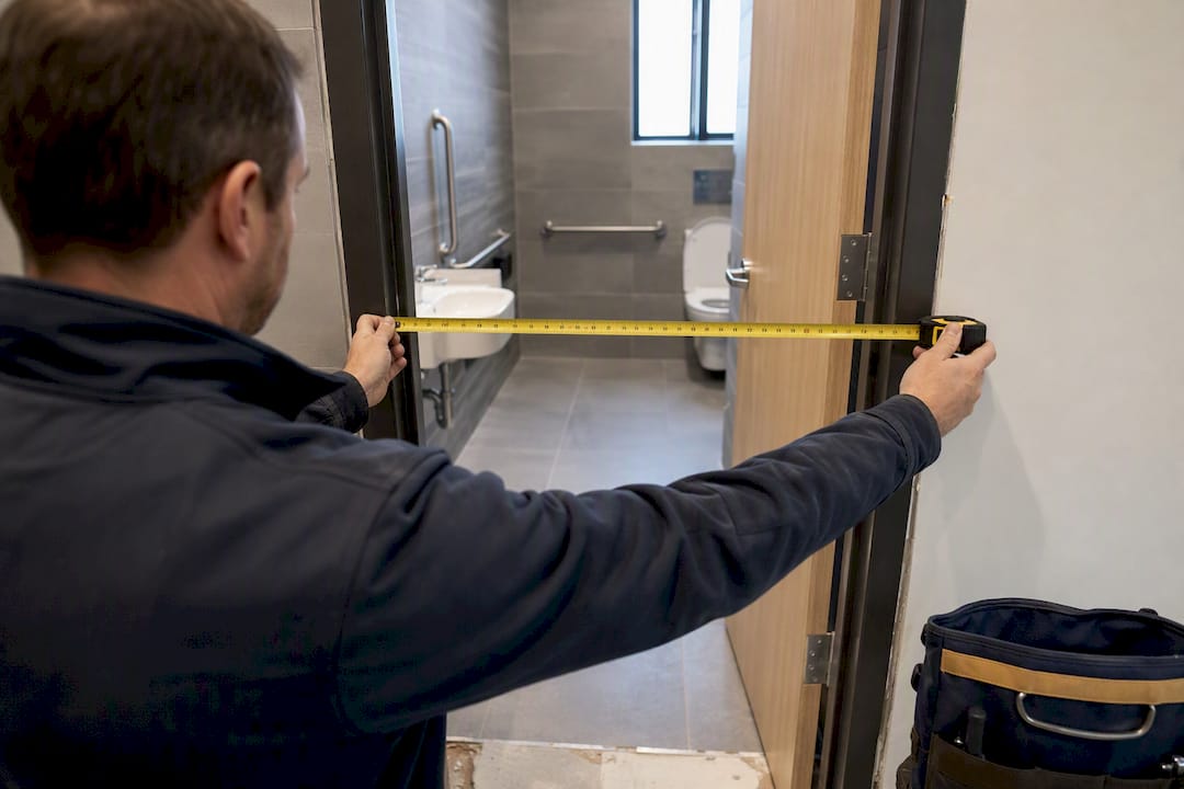 Inspector measuring commercial restroom doorway clearance