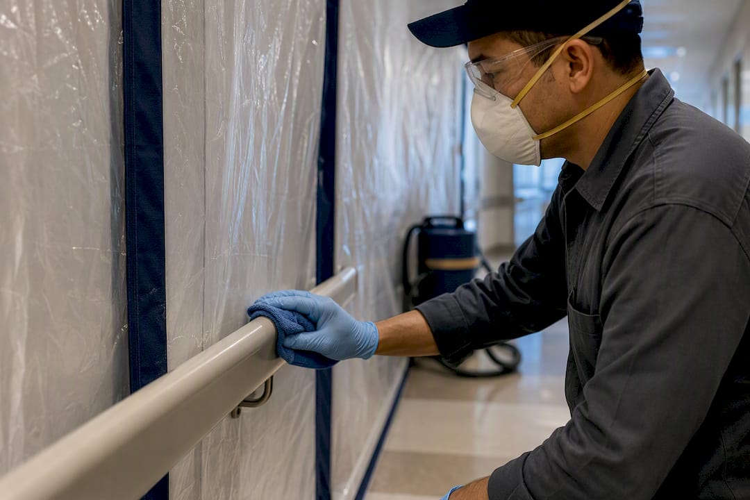 Wet wiping hospital handrail beside containment
